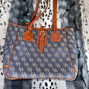 Blue denim and brown leather trim logo Dooney and Bourke purse